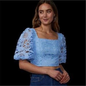 New York & Co. Blue Floral Sz XL Coquette Cottagecore Lace Puff Sleeve Crop Top